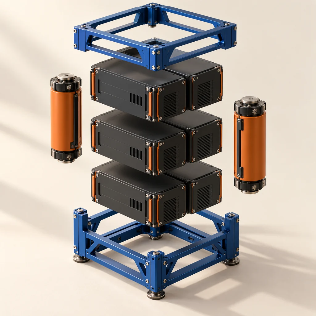 The same system separated into distinct physical components in an exploded view.