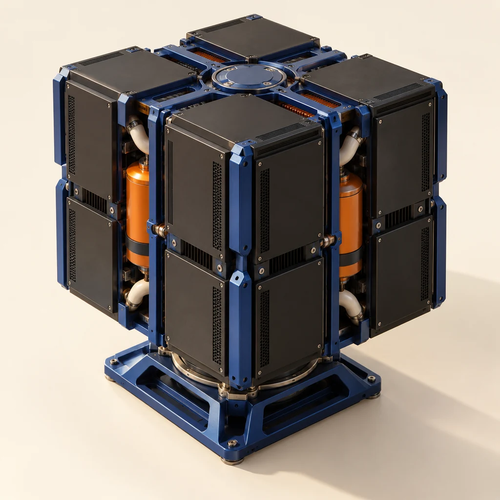 A dense cobalt and ivory system with layers still hidden inside its structure.